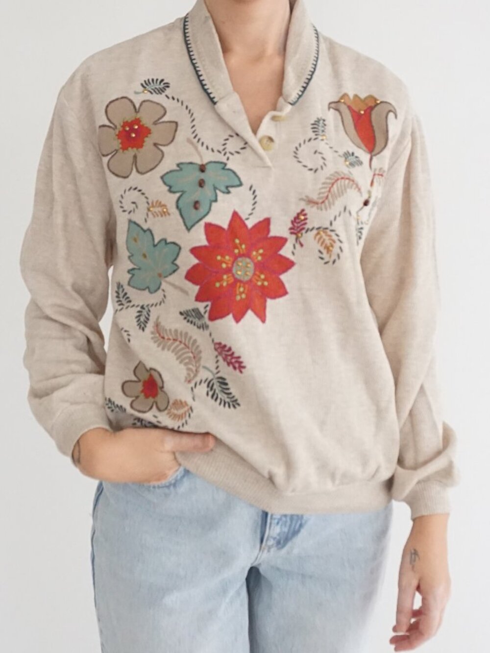 Vintage Teddi Beige Floral Leaves Leaf Embroidered Knit Sweater Button Neck M